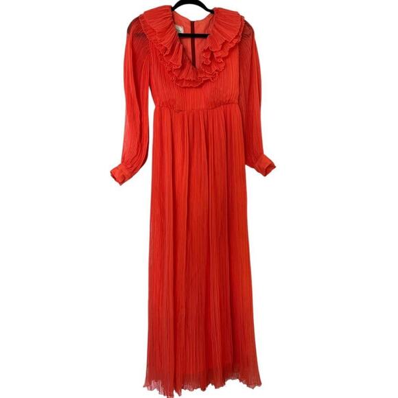 Vintage Joan Leslie By Kasper Pleated Coral Evening Gown Long Sleeve 70s Sz 2 - Picture 2 of 14